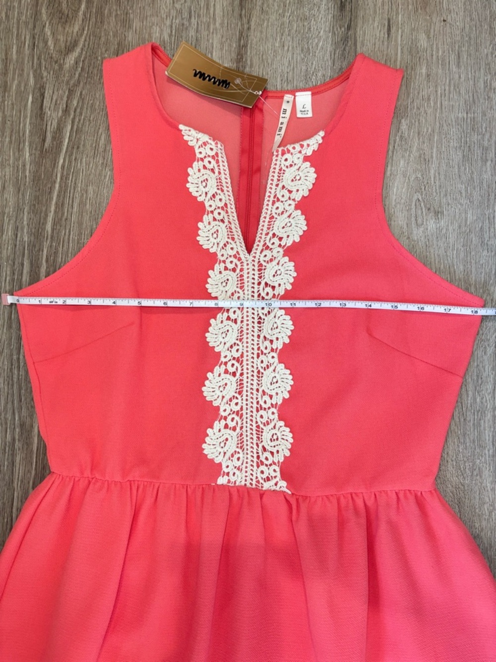 Francesca’s Miami Coral Sleeveless Dress with Ivory Crochet Trim Back zipper NWT - Picture 13 of 16
